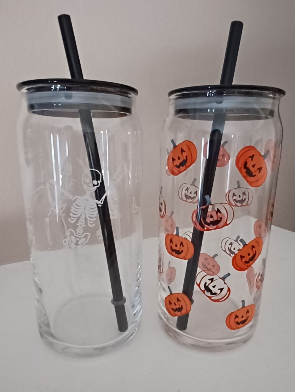 NMOT Set of 2 Halloween Glass Drink Can Sippers with Lid & Straw